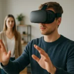 Férfi virtuális valóság headsettel, nő a háttérben