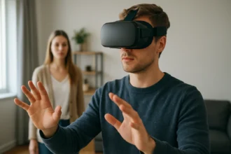 Férfi virtuális valóság headsettel, nő a háttérben