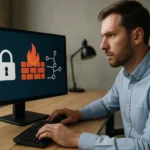 Férfi tűzfal konfigurációt ellenőriz a számítógépén.