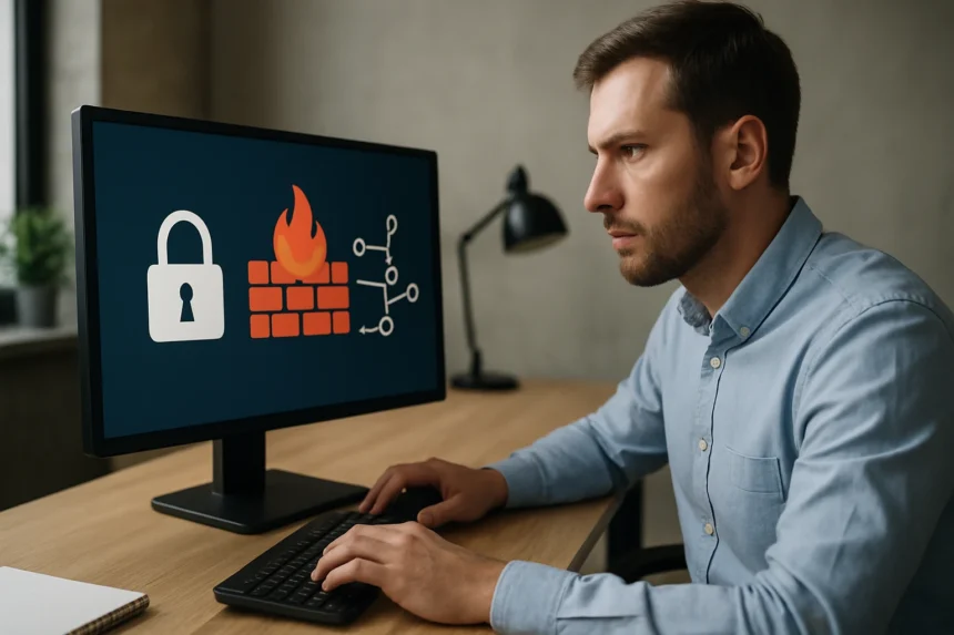 Férfi tűzfal konfigurációt ellenőriz a számítógépén.