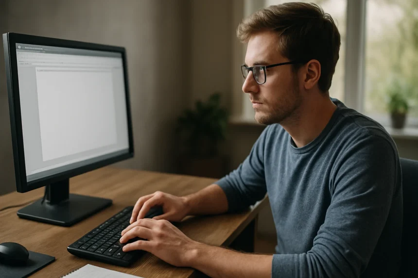 Fiatal férfi számítógépen dolgozik, informatikai feladatot végez.