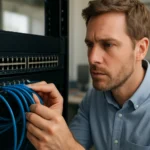 Férfi a hálózati switch csatlakozásán dolgozik