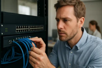 Férfi a hálózati switch csatlakozásán dolgozik