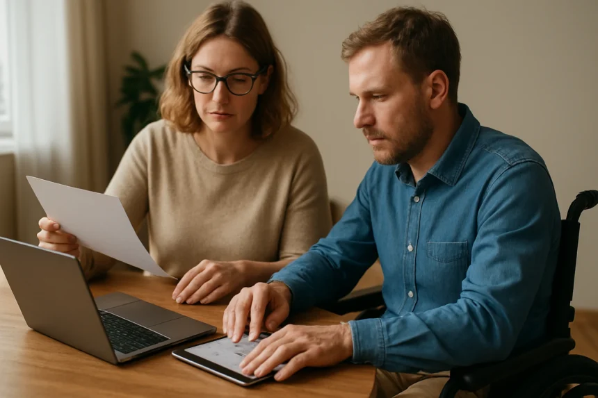 Két ember, aki akadálymentes webfejlesztésről beszél laptop és tablet mellett.