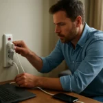 Férfi a túlfeszültség-védő csatlakoztatásánál egy laptop mellett