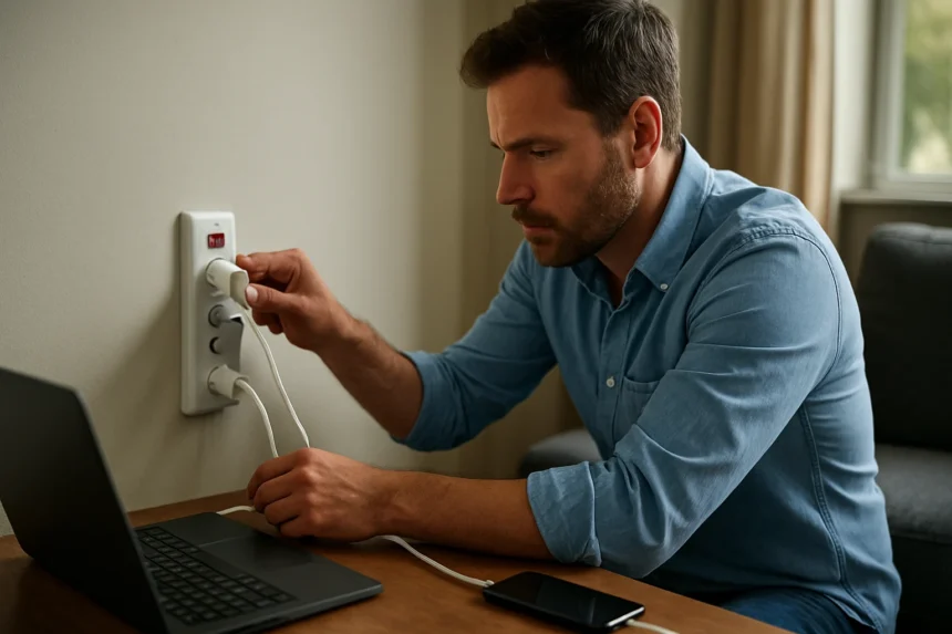 Férfi a túlfeszültség-védő csatlakoztatásánál egy laptop mellett