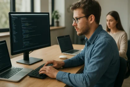 Fejlesztő szoftver telepítést végez háttérkóddal a képernyőn.