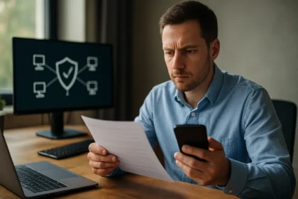 Férfi számítógép előtt, biztonsági protokollt ellenőrizve