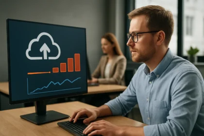 Férfi az AWS Auto Scaling grafikonjával számítógépen dolgozik.