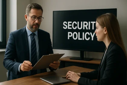 Üzleti megbeszélés a biztonsági szabályzatról