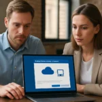 Két szakember a Microsoft Hybrid Configuration Wizardból származó hibrid környezetet konfigurálja.