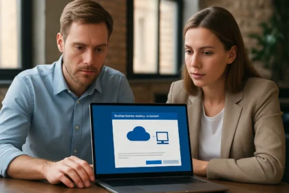 Két szakember a Microsoft Hybrid Configuration Wizardból származó hibrid környezetet konfigurálja.