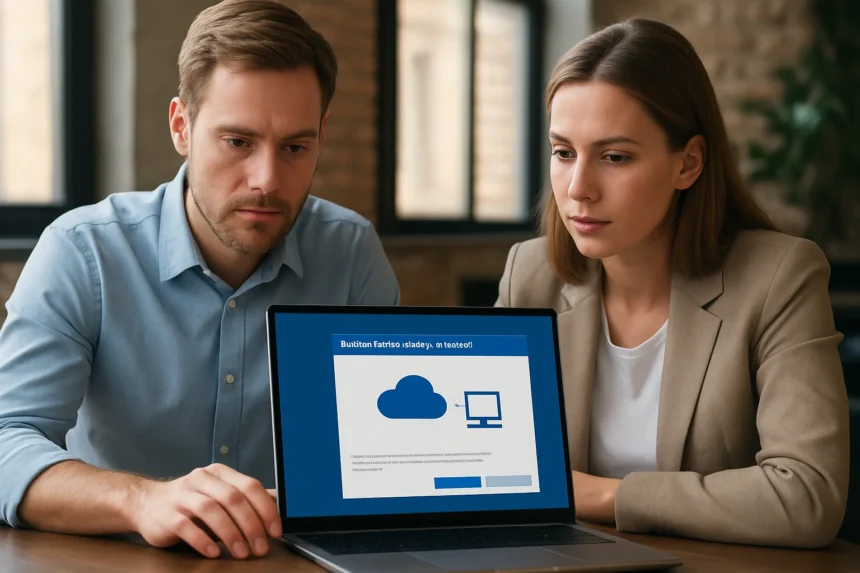 Két szakember a Microsoft Hybrid Configuration Wizardból származó hibrid környezetet konfigurálja.