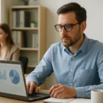 Férfi adatgondnok laptopon adatkezelési grafikonokat elemez.