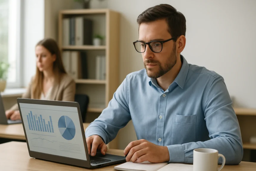 Férfi adatgondnok laptopon adatkezelési grafikonokat elemez.