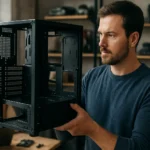 Férfi alvázat tart, háttérben nő számítógéppel, technológiai környezetben.