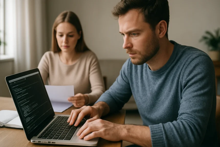 Két ember együtt dolgozik mesterséges intelligenciával kapcsolatos projekteken.