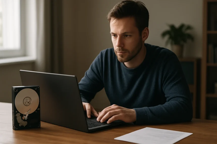 Férfi laptopon dolgozik, háttérben lemeztitkosítási megoldás