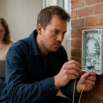 Férfi optikai hálózati csatlakozót szerel az otthonában, háttérben női felhasználó laptopon.