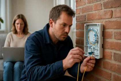 Férfi optikai hálózati csatlakozót szerel az otthonában, háttérben női felhasználó laptopon.