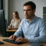 Férfi számítógépen dolgozik, nő háttérben, modern irodai környezetben.