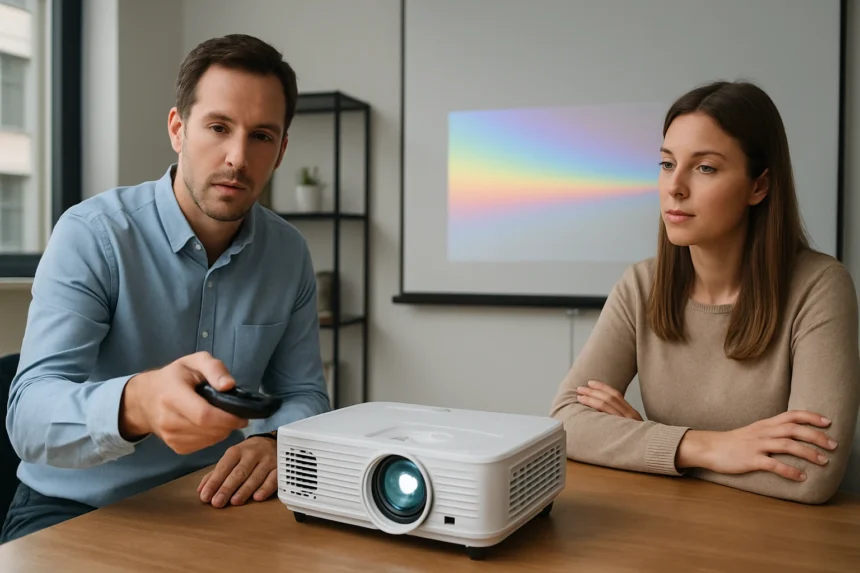 Férfi projektor távirányítóval egy prezentációs teremben