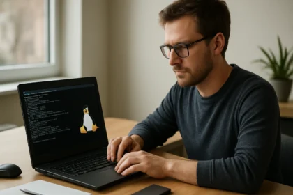 Férfi programozó a Windows alrendszer alatt futó Linux környezetben