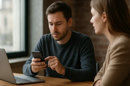 Két ember egy mobilalkalmazást néz, laptop mellett ülve.