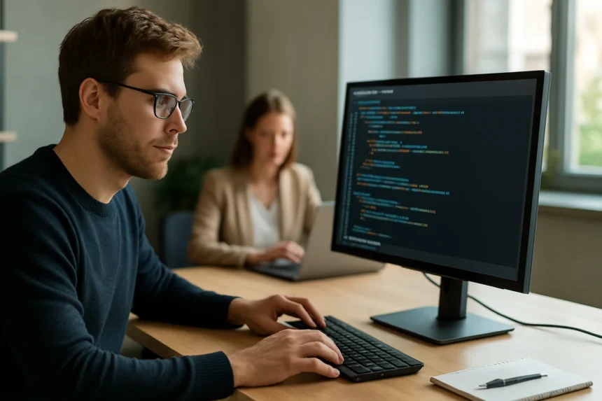 Programozó reaktív programozás kódjánál modern irodai környezetben.