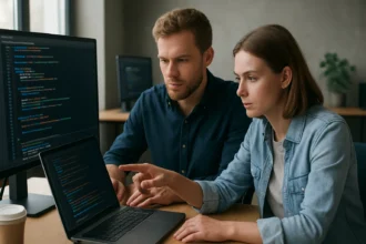 Programozók több nyelven dolgoznak egy laptopnál, figyelve a kódot.