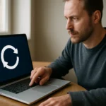 Férfi laptop előtt frissítési ikonra kattintva.