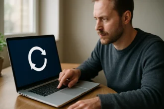 Férfi laptop előtt frissítési ikonra kattintva.