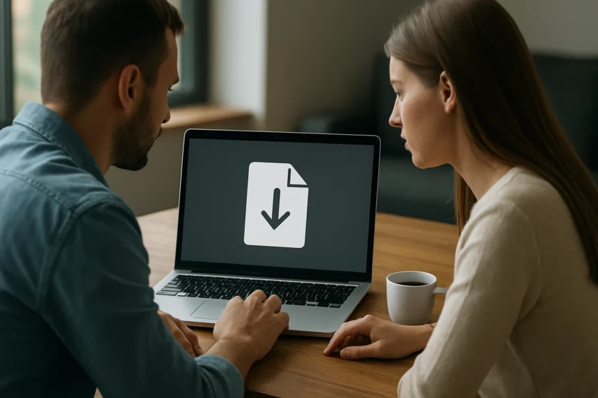 Két ember fájlmegosztást néz a laptopon, letöltési ikon látható.