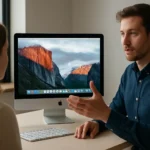 Két ember beszélget egy Apple számítógép előtt, OS X El Capitan háttérképpel.