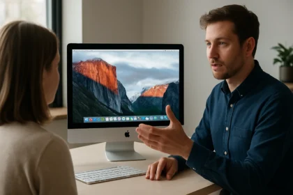 Két ember beszélget egy Apple számítógép előtt, OS X El Capitan háttérképpel.
