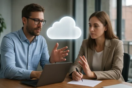 Két ember megbeszélése a felhőrugalmasságról és az IT infrastruktúráról.