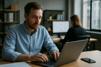 Férfi számítógépen dolgozik az Apigee API-kezelés fontos aspektusairól.