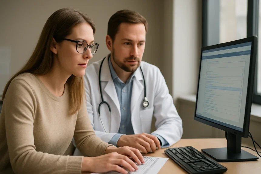 Orvosi szakemberek ICD-10-CM adatokat elemeznek számítógépen.