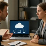 Két szakember beszélget a nyilvános felhő szolgáltatásokról egy laptop előtt.