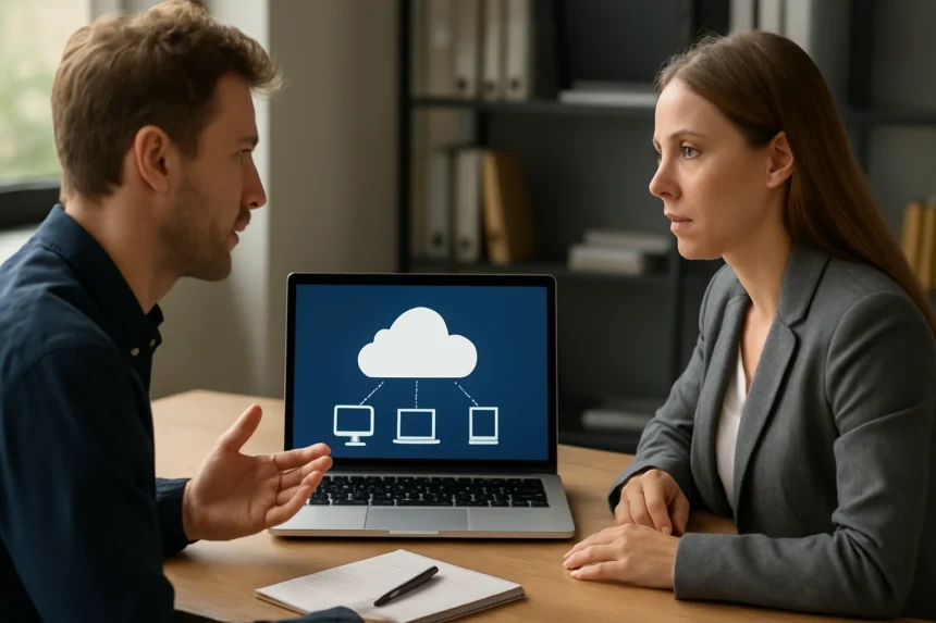 Két szakember beszélget a nyilvános felhő szolgáltatásokról egy laptop előtt.
