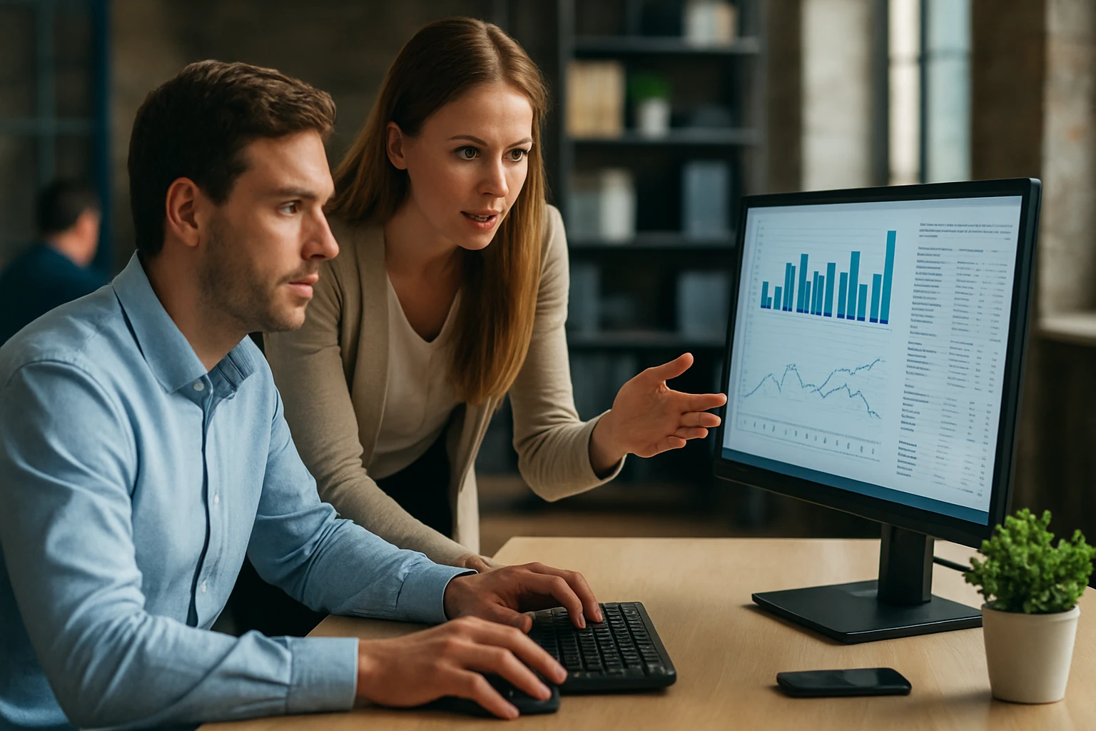Két ember egy számítógép előtt, adatelemzést végeznek grafikonok segítségével.