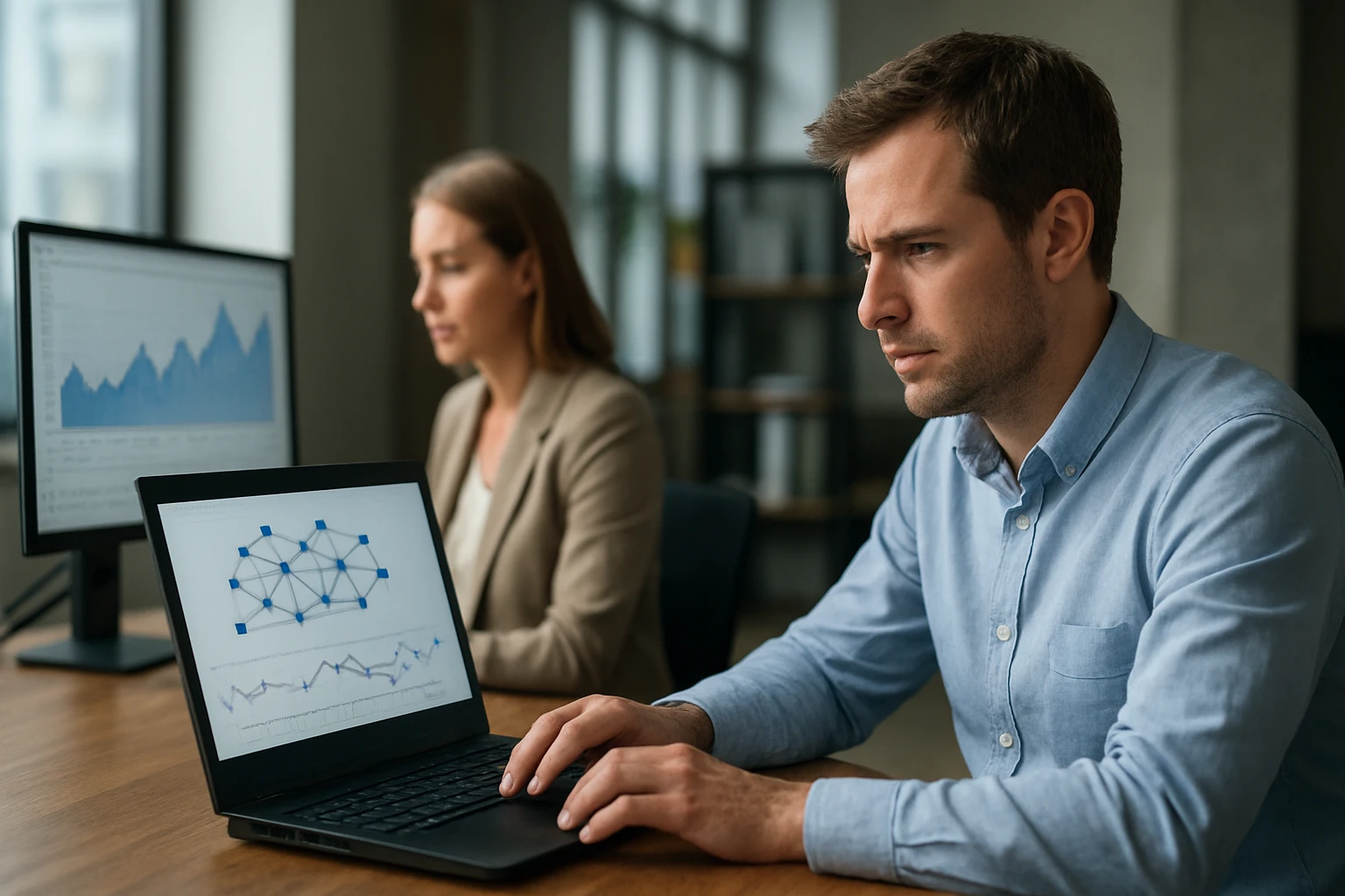 Egy férfi laptopján adatelemzési grafikonok láthatók, míg egy nő háttérben dolgozik.