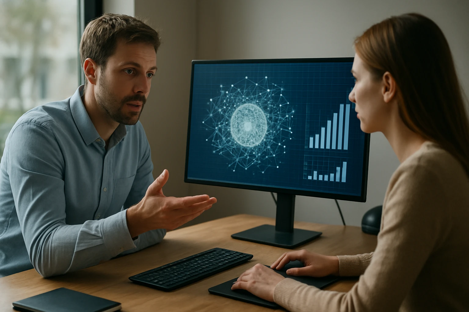 Két ember beszélget egy számítógép előtt, ahol adatelemzési grafikonok láthatók.