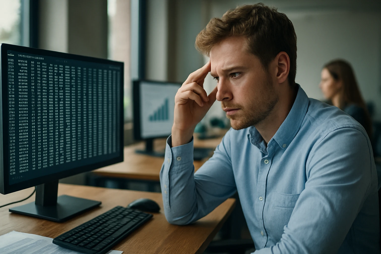 Egy fiatal férfi koncentrálva nézi a számítógép képernyőjét, amelyen adatok láthatók.