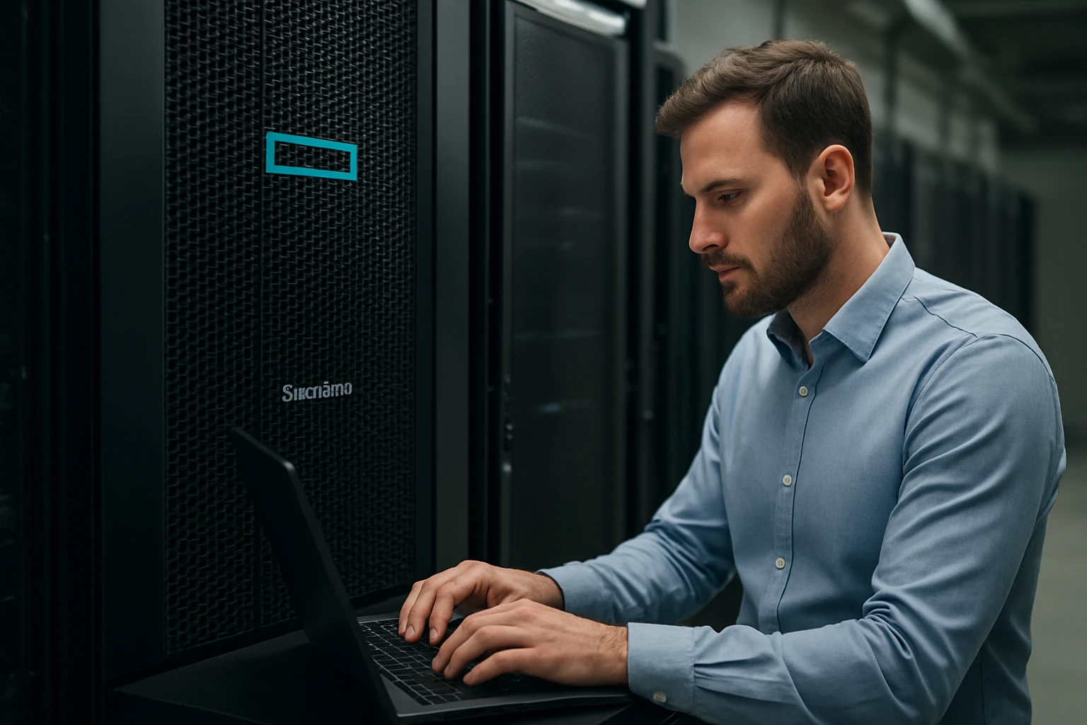 Egy férfi laptopon dolgozik egy adatközpontban, háttérben szerverekkel.