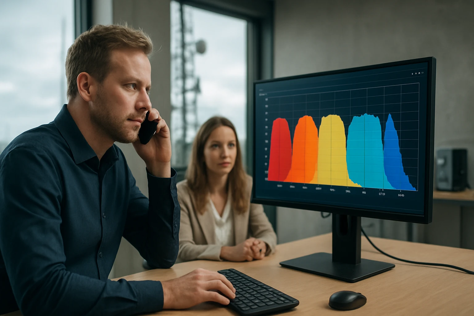 Egy férfi telefonál, miközben egy nő figyeli a számítógép képernyőjén látható grafikonokat.