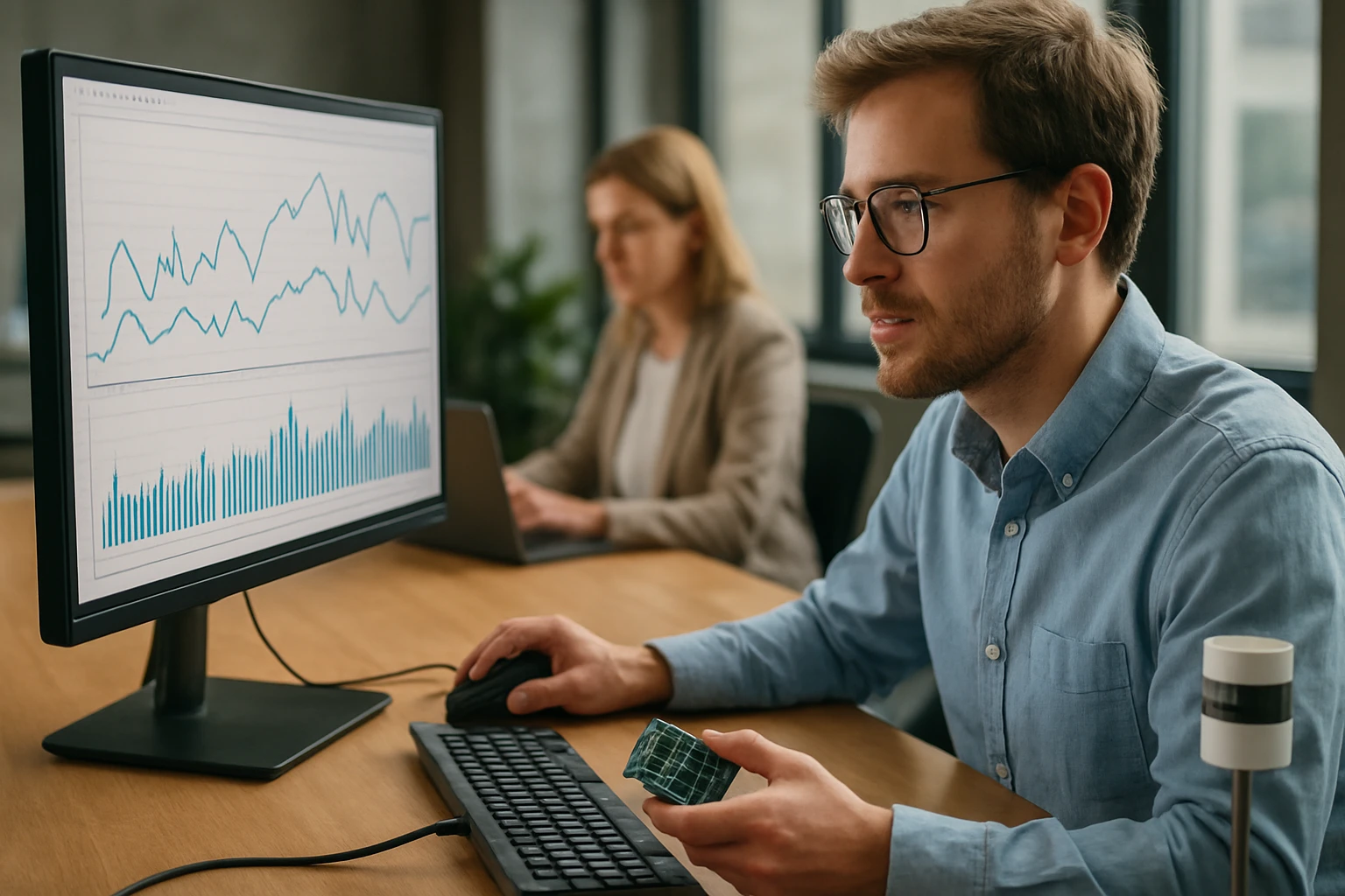 Egy férfi számítógép előtt ül, grafikonokat néz, miközben egy zöld mintát tart a kezében.