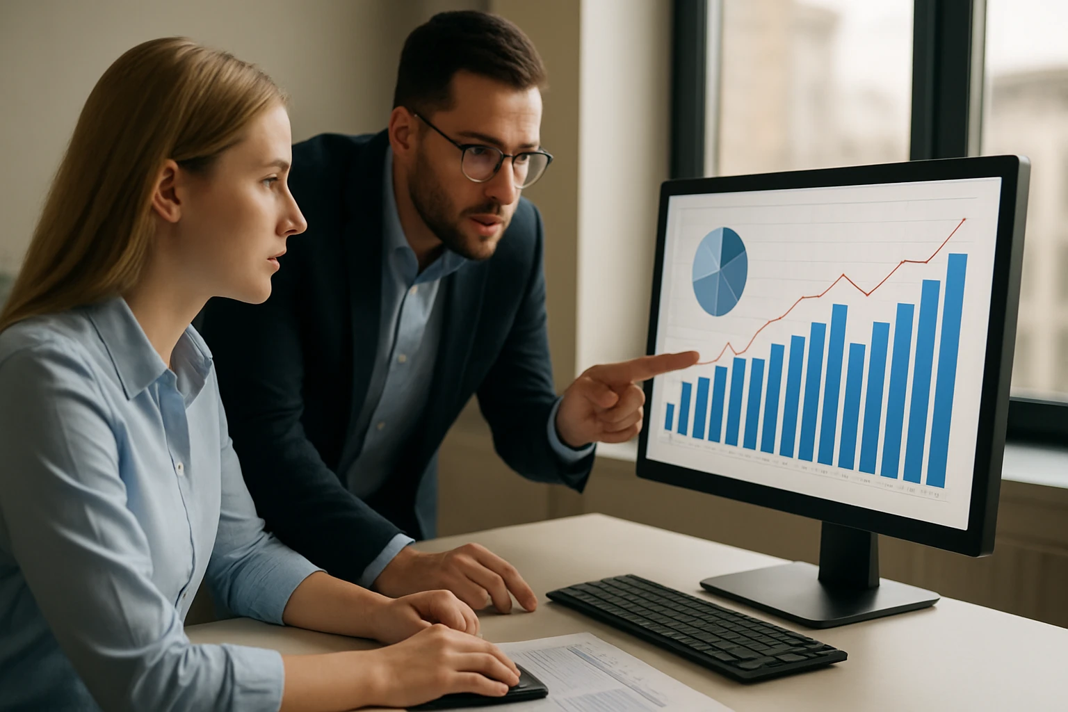 Két szakember egy számítógép képernyőjén grafikonokat elemzi.