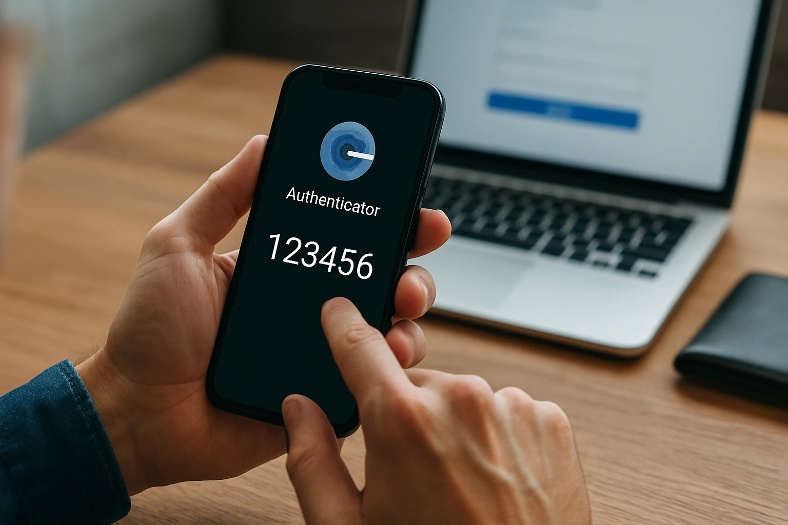 Egy kéz tart egy okostelefont, amelyen az authentikátor alkalmazás látható.