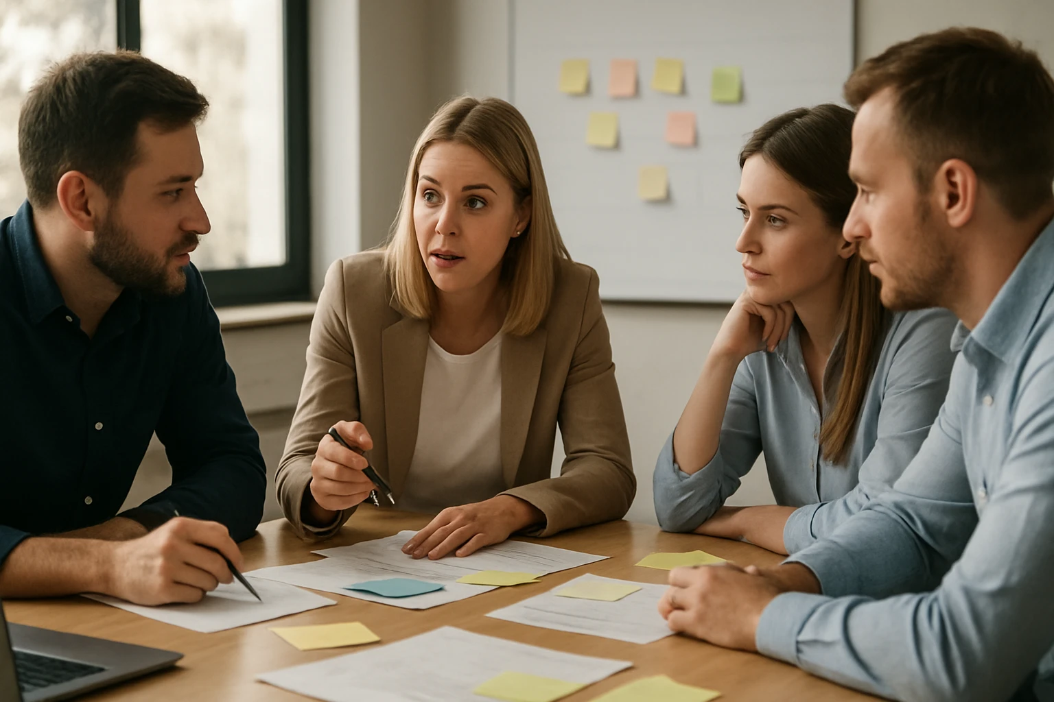 Négy felnőtt, akik egy asztalnál ülnek, aktívan beszélgetnek és jegyzetelnek.